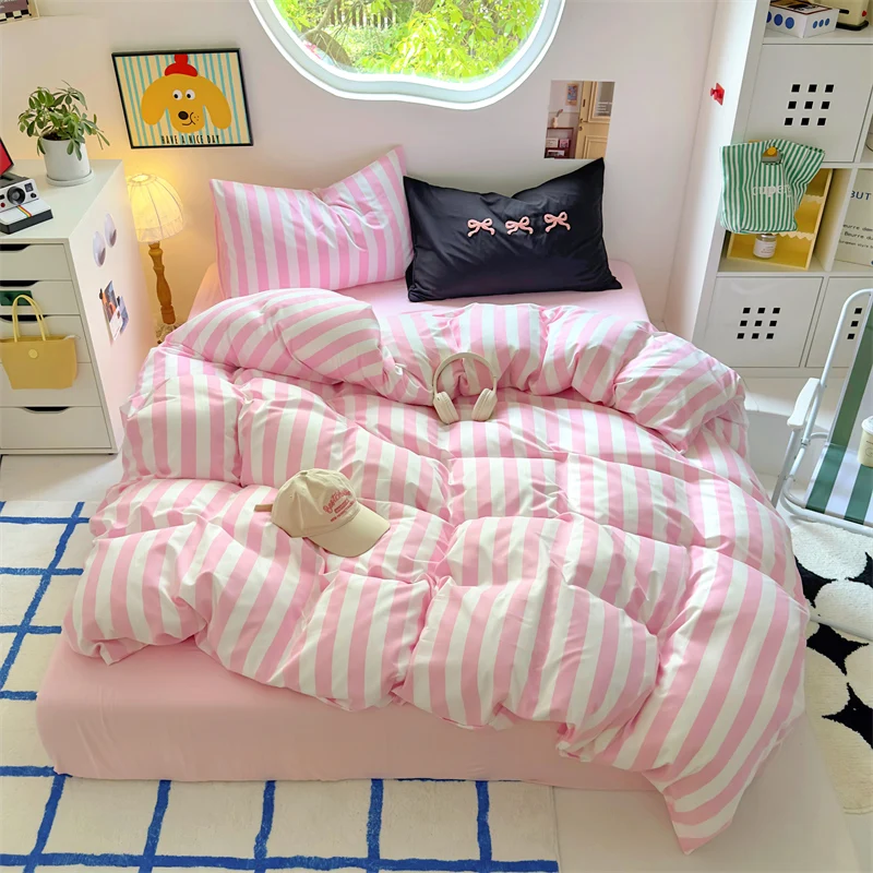 Ins Stripe Bedding Set with Pillowcase bed sheet Single Full Size Bed Linen Duvet Cover Set Queen/King Double Comforter Cover