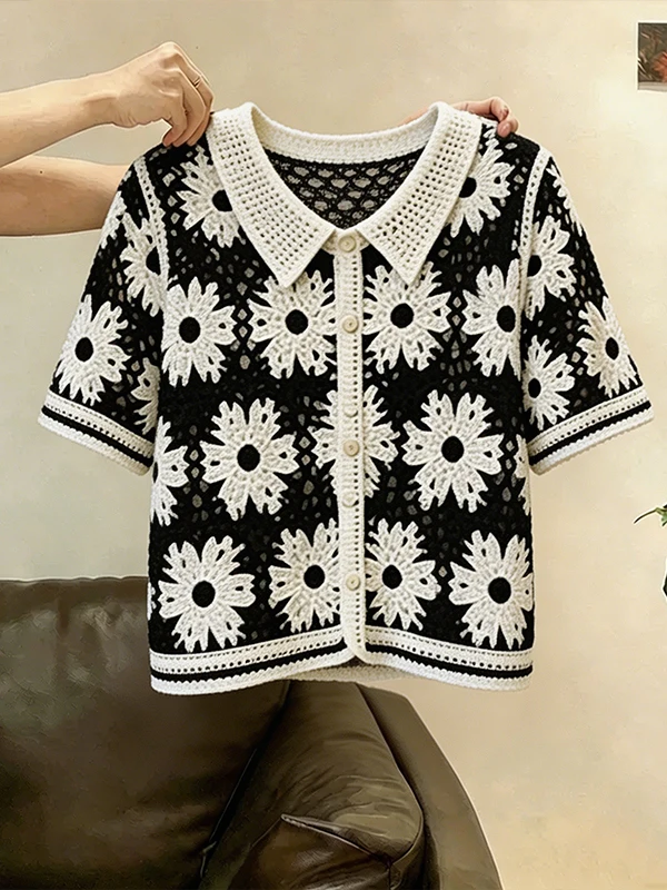 

Unique Hollow out Short Sleeve Lace Shirt Women's plus Size Summer New Style Slimming Elegant Fashionable Top Korean Style