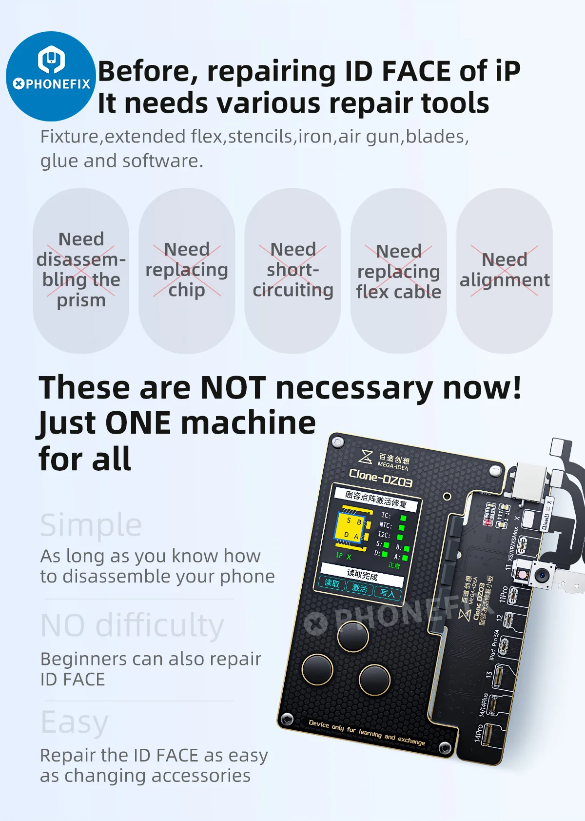 QianLi-Face ID Dot Matrix Flex Cable, não funciona Dot Projetor, leitura e gravação, sem desmontagem, apto para iPhone X, 11, 12, 13, 14PM Fix