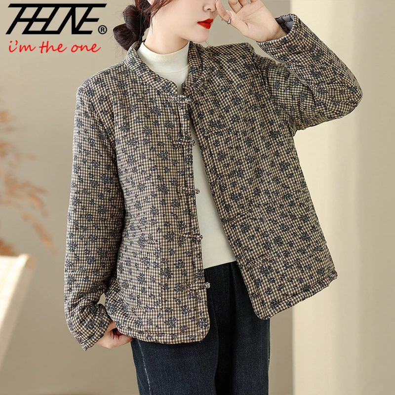 THHONE Winter Jackets for Women Parkas 2026 Cotton Linen Print  Casual Chinese Style Long Sleeve Thicken Cotton Padded Outerwear