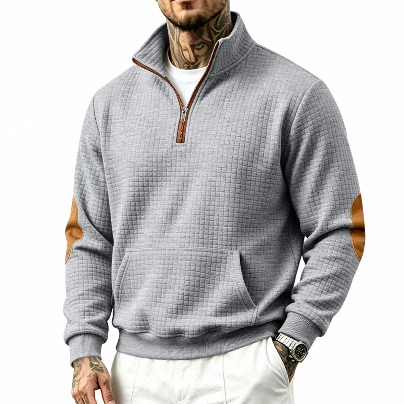 Men Loose Heavyweight Jacquard Check Knit Stand Collar Pullover Sweatshirt Autumn Winter Outdoor