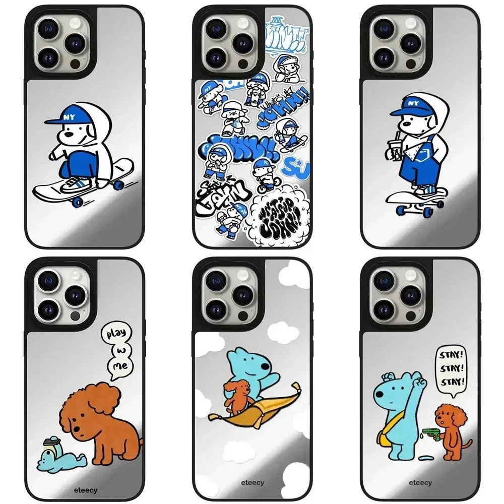 

Mirror Cute Dog Friend Skateboard Engraved Letters Phone Case Cover for iPhone 11 12 13 14 15 Pro Max Case with MagSafe