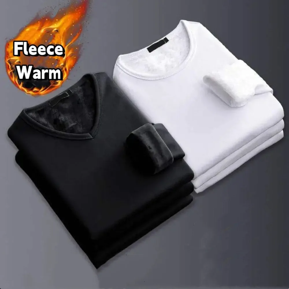 Męska zimowa bielizna termiczna Topy z podszewką z polaru Ciepła bluza w jednolitym kolorze O-neck V-neck Base Shirt Duży rozmiar 5XL
