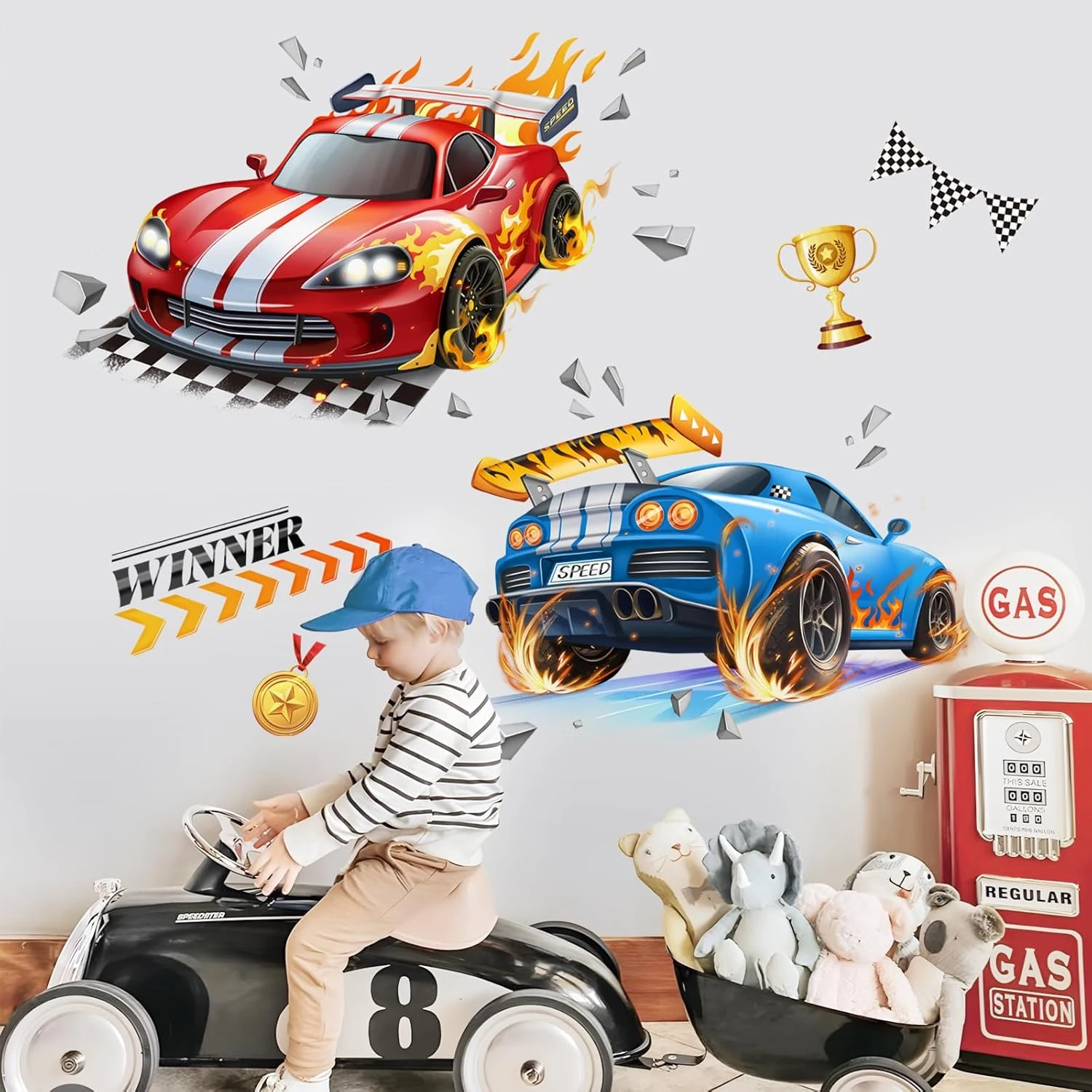 2 قطعة الكرتون 2D سباق شاحنة المائية الجدار ملصق الفينيل غرفة الطفل لعبة غرفة الاطفال الفتيان غرفة نوم غرفة المعيشة ديكور المنزل
