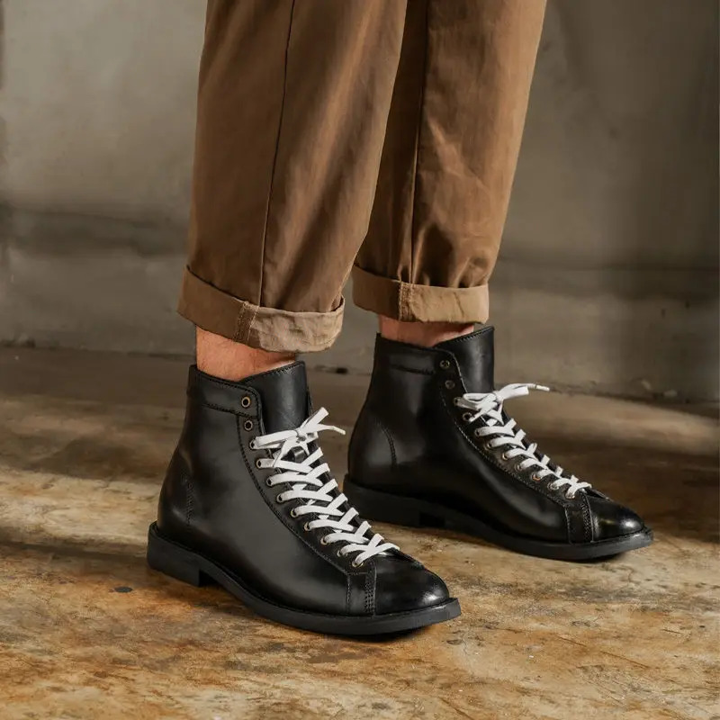 

High Quality Handmade Japanese Retro Style Short Face Distressed Men's Leather Boxing High-Top Mid-Top