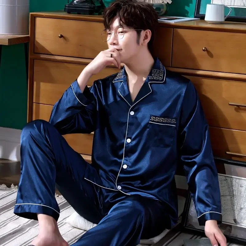 

2024 New Spring Autumn Men Long Sleeve Pajama Set Thin Plus Size Middle-aged Ice Silk Cardigan Loungewear Loose V-neck Homewear