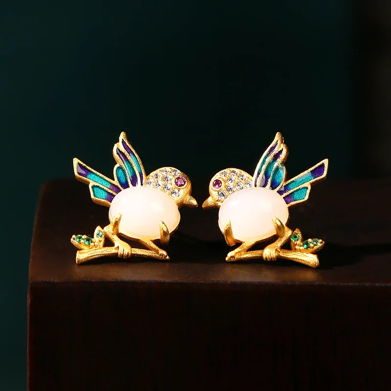 

White Real Jade Bird Earrings Fashion Ear Studs Carved Amulet Energy Gift Vintage Women Natural Jewelry 18K Gold Plated