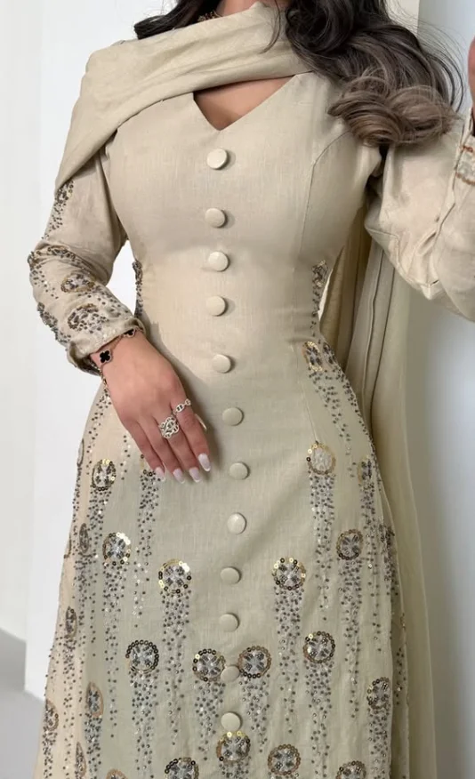 Elegant Beige Long Sleeve Heavy Beaded Midi Evening Dresses For Women With Cape Scarf Modest Formal Wedding Guest Gown