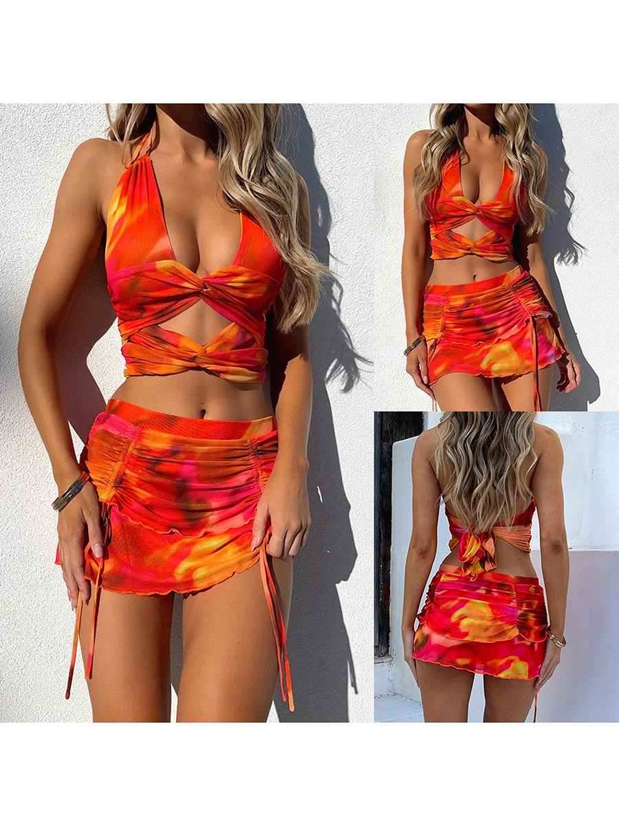 Women 2Pcs Summer Outfits Tie-Up Halterneck Backless Camisole Drawstring Bodycon Irregular Pleated Skirt Set