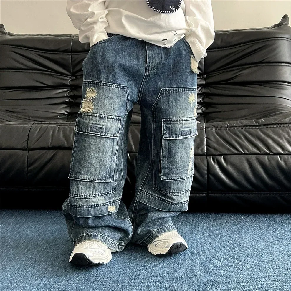 

Children Clothing Boys Denim Pants 2024 Spring Autumn Vintage Jeans Full Length Handsome Cool Fashionable Casual Denim Pants