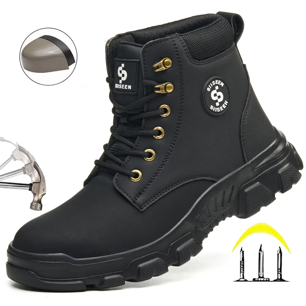 メンズ安全靴-スチールトゥ-耐圧軽作業ブーツ-ミッドカット-ケブラー耐貫通-工場・プラント・屋外作業用