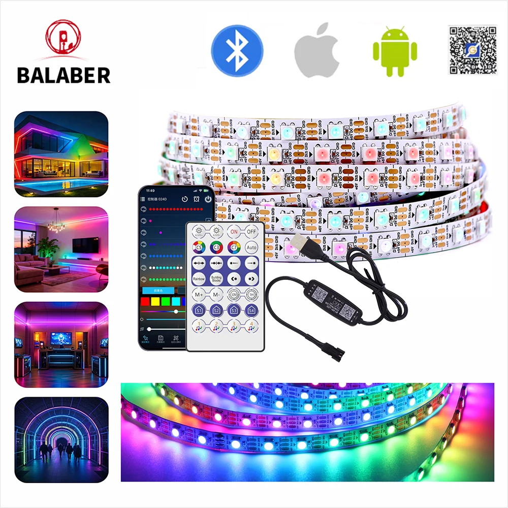 DC5V WS2812B LED Strip USB Controller SET with WiFi Bluetooth Music Dream Color Individually Addressable 30/60/74/96/144LED PCB