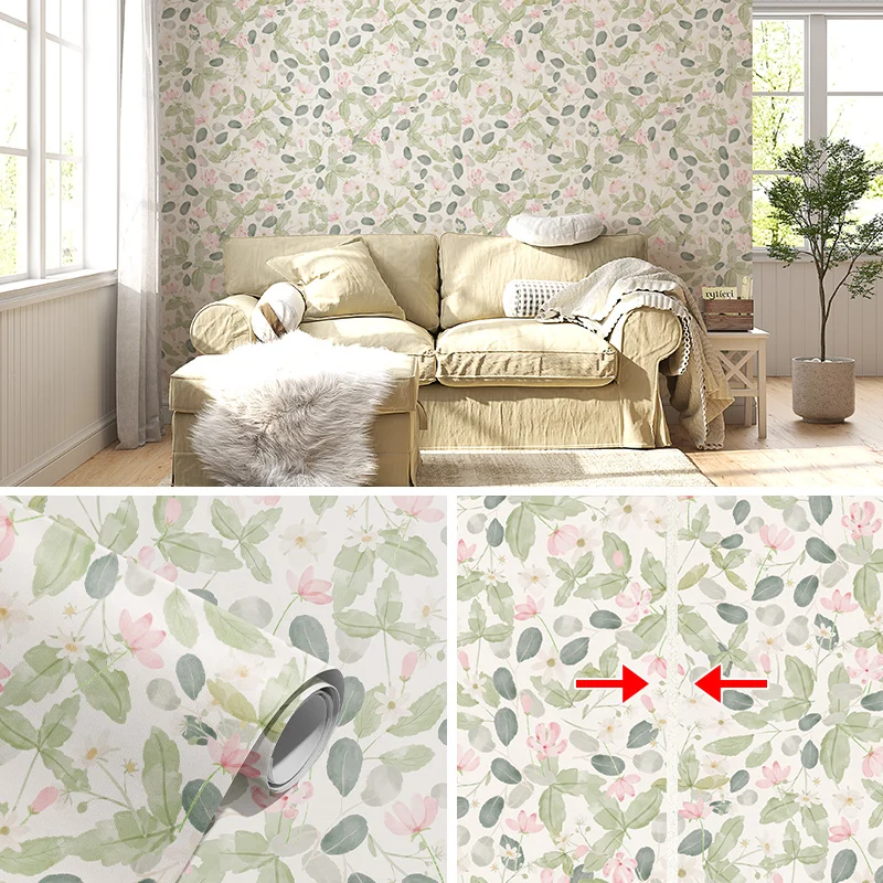 Yellow Pink Floral Self-adhesive Wallpaper Green Leaf Flower Waterproof PVC Wallpaper Peel And Stick Furniture Cabinet Sticker