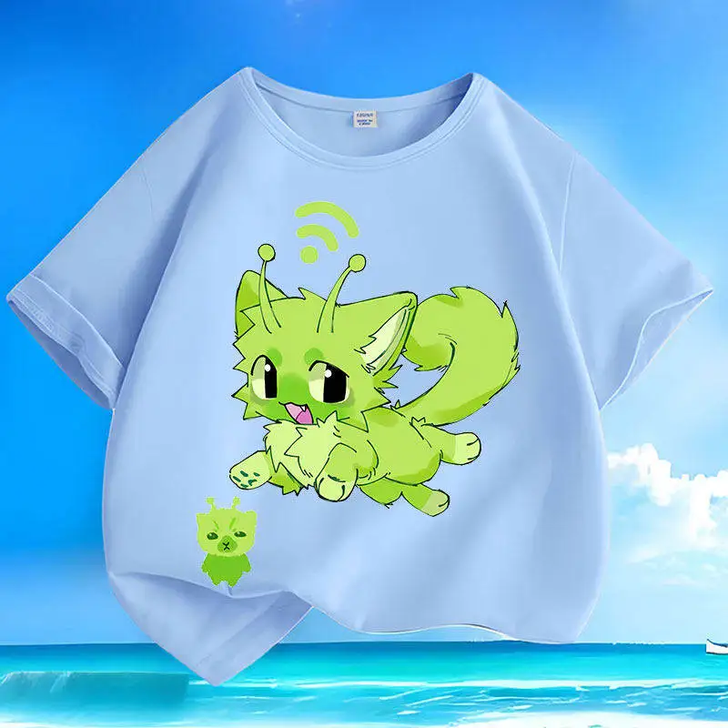 Alien Little Green Cat Abstract Pure Cotton Summer New Short Sleeved Men's and Women's Round Neck Loose T-shirt Parent Child Top