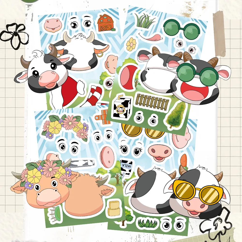 8 pièces dessin animé petite vache visage collier à langer mignon créatif bricolage manuel coque de téléphone tablette étiquette autocollants imperméables