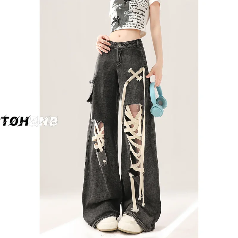 Jean déchiré à bretelles noires, Design de rue, nouveau Style d'été, jambes larges, ample, Slim, pantalon droit flottant