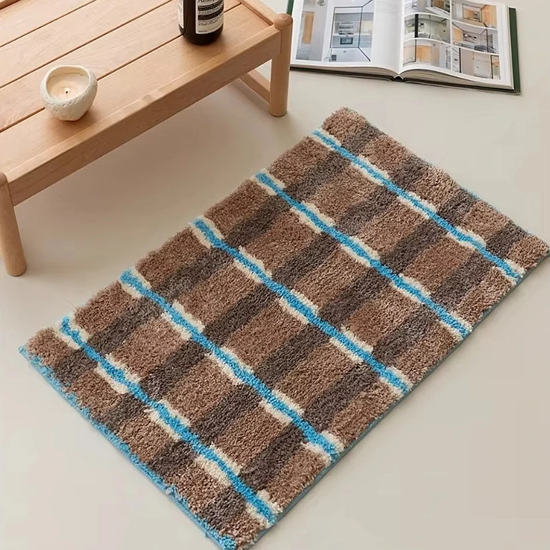 Vintage Style Korean Striped Checkered Plush Bathroom Rug Non-Slip Home Floor Mat Cozy Bedroom Entrance Foot Bath Mat
