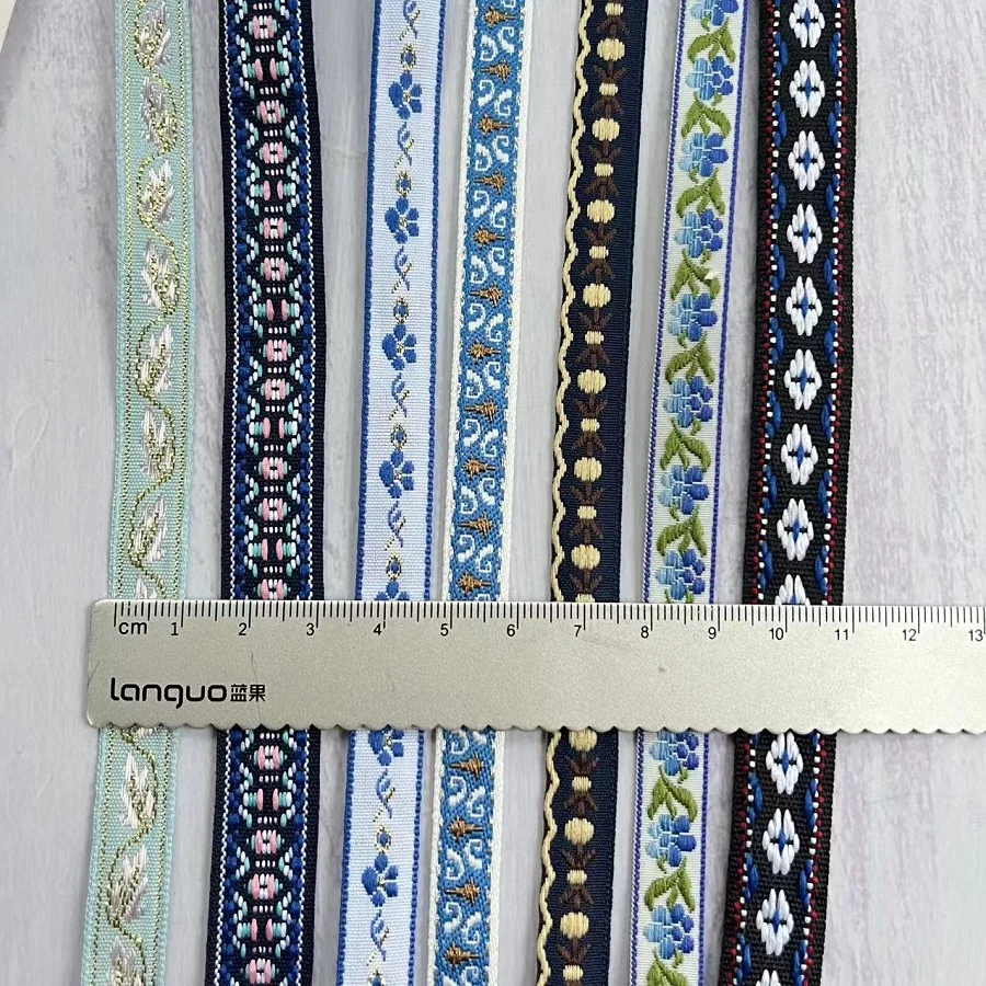 50 Yards/lot Ethnic Style Webbing Woven Jacquard Ribbon Blue Flowers for Garment accessories LS-2240 Width 1-1.5 CM