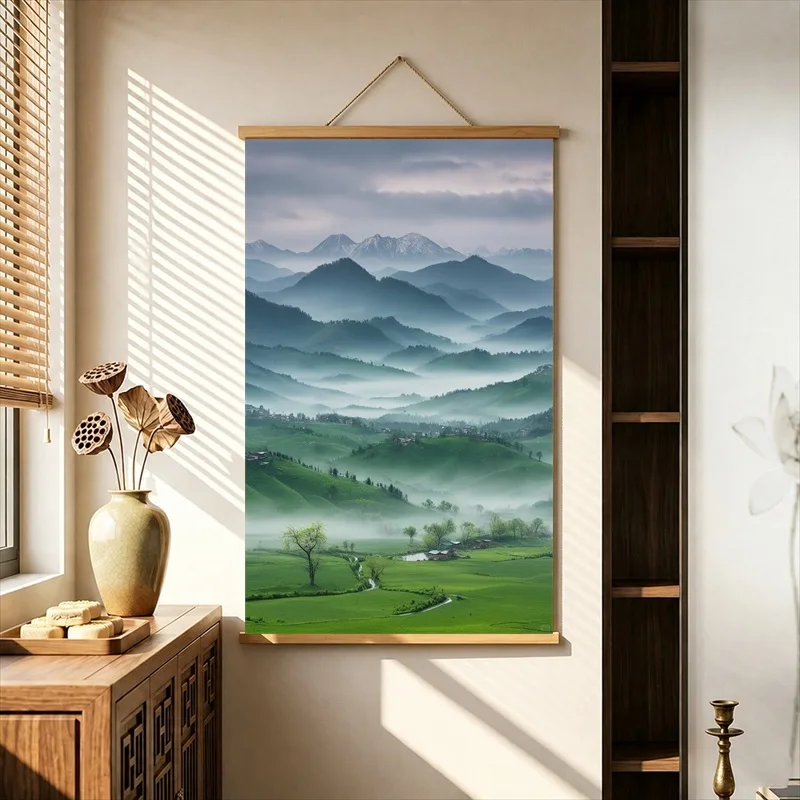 Chinese Landscape Pearlescent Canvas Wall Hanging Scroll Spring Rain across Green Mountains for Tea House Interior Wall Decor