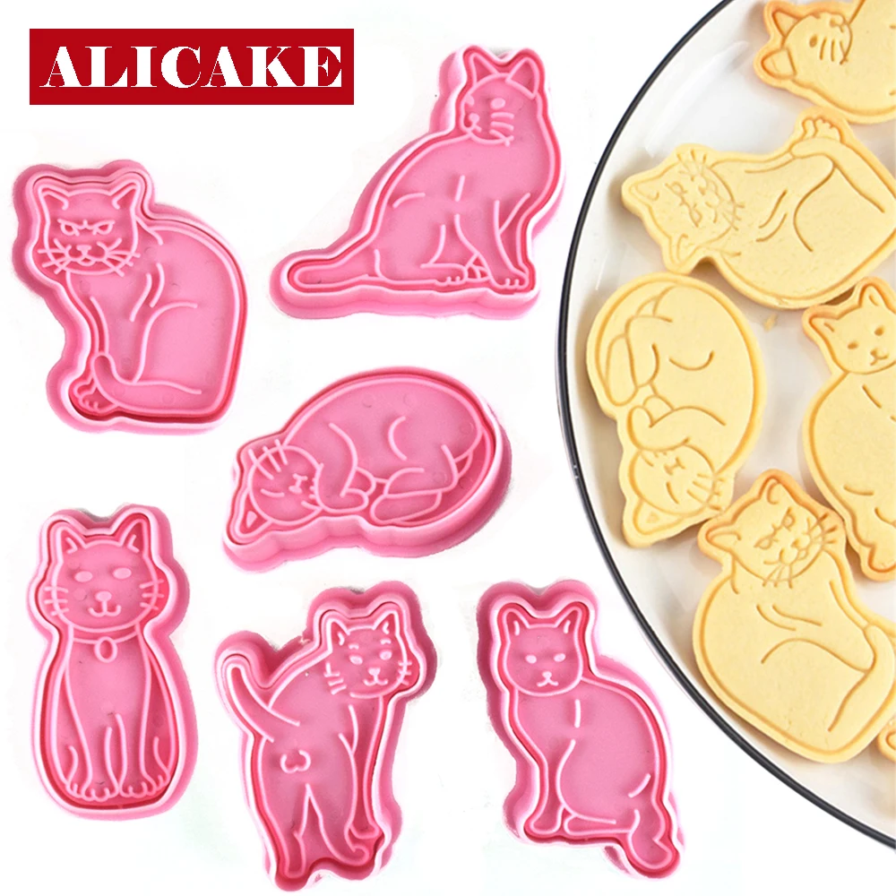 6Pcs Set Cat Cookie Cutter Stamp Plastic Cartoon Pressable Biscuit Mold Pussy Confectionery Kitchen Baking Pastry Bakeware Tools