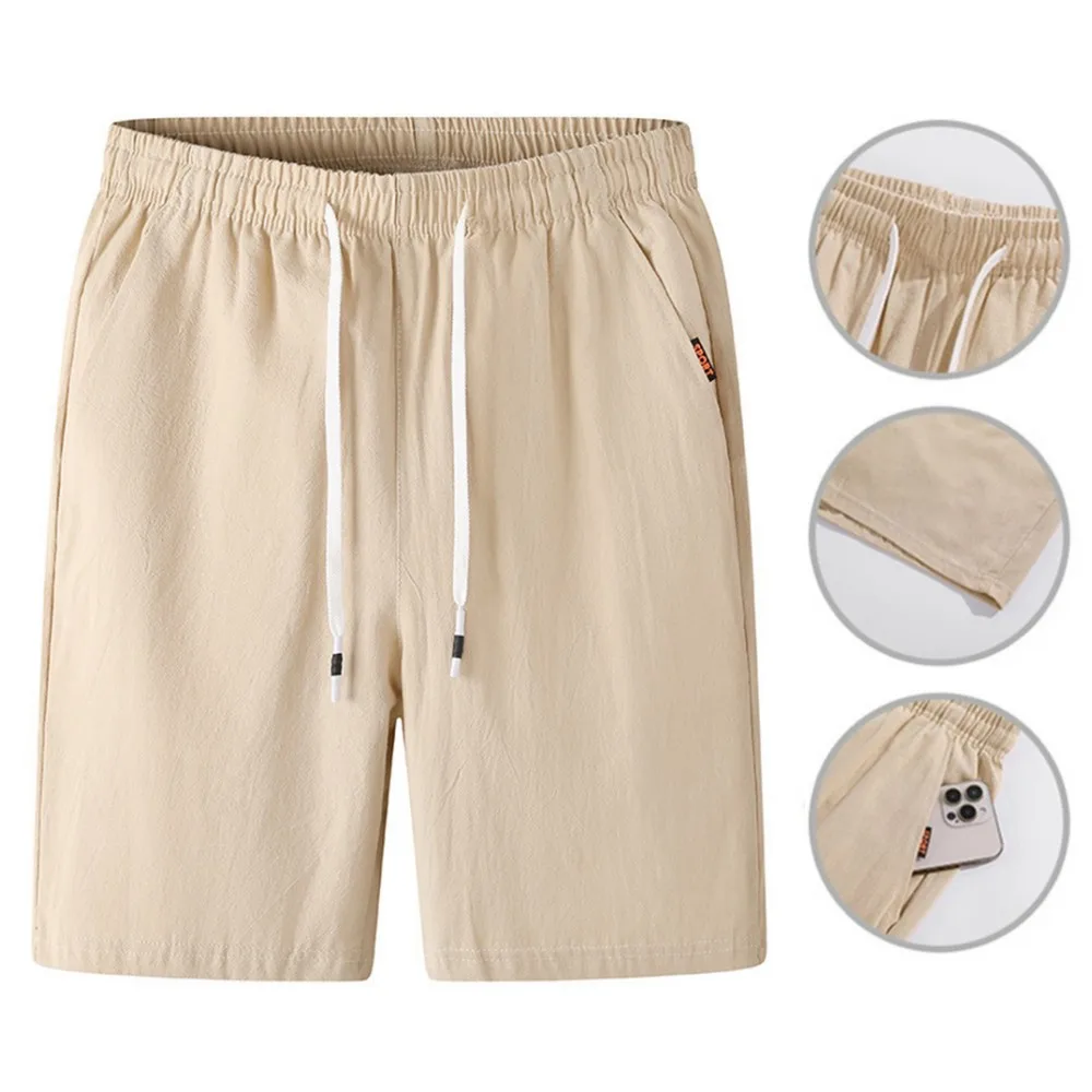 New Men\'s Cotton Linen Shorts Pants Male Summer Breathable Solid Color Linen Trousers Fitness Streetwear Loose Lace up Bottoms