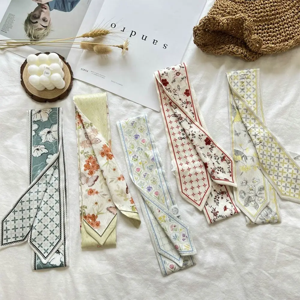 Summer Versatile Satin Silk Ribbon Scarf Fresh Floral Narrow Bag Strap Long Thin Hair Tie for Women