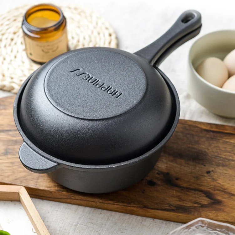 18CM Engraved logo Multi Cooker for Baking Frying Roasting   2 Side Pot Cast Iron with Lid