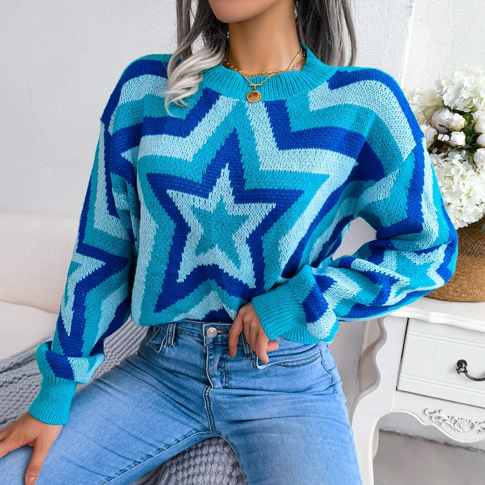 Y2k Style Clothing 2023 Autumn Winter Star Pattern Long Sleeve Knitted Sweater Women Pullovers