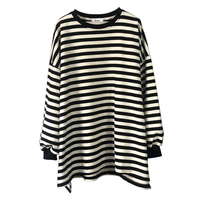 เสื้อยืดแขนยาวทรงหลวมสำหรับผู้หญิงไซส์ใหญ่ สไตล์เกาหลี คอกลม ความยาวปานกลาง ลายทาง สำหรับฤดูใบไม้ร่วงและฤดูหนาว