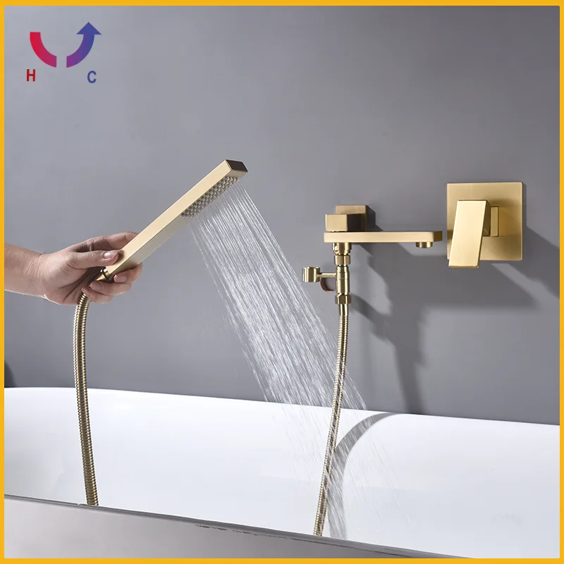 

Brushed Gold Bathtub Shower Faucet Wall Mounted Brass Swivel Bathtub Spout With Hand Shower Bathroom Hot And Cold Shower Faucet