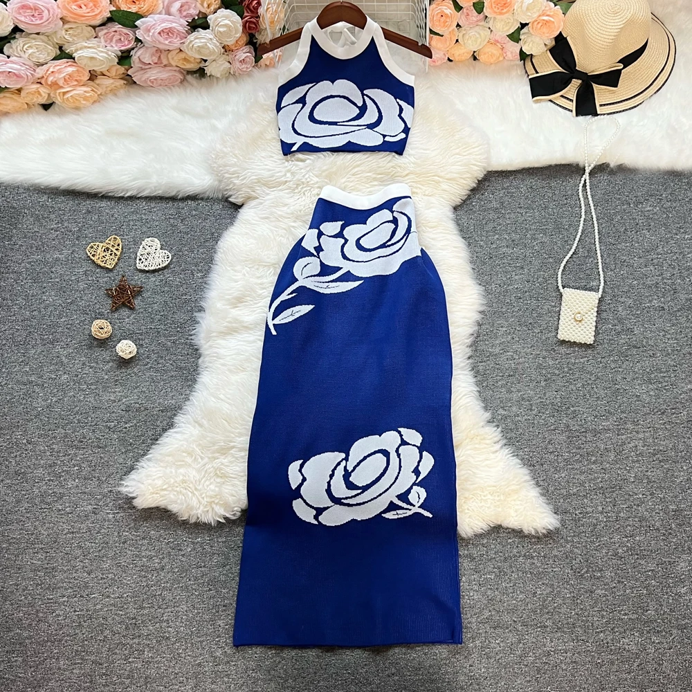 Marca YuooMuoo, trajes de punto de dos piezas a la moda para mujer, moda elegante Y2K, Top corto y falda larga envolvente a la cadera, ropa de calle, trajes para mujer