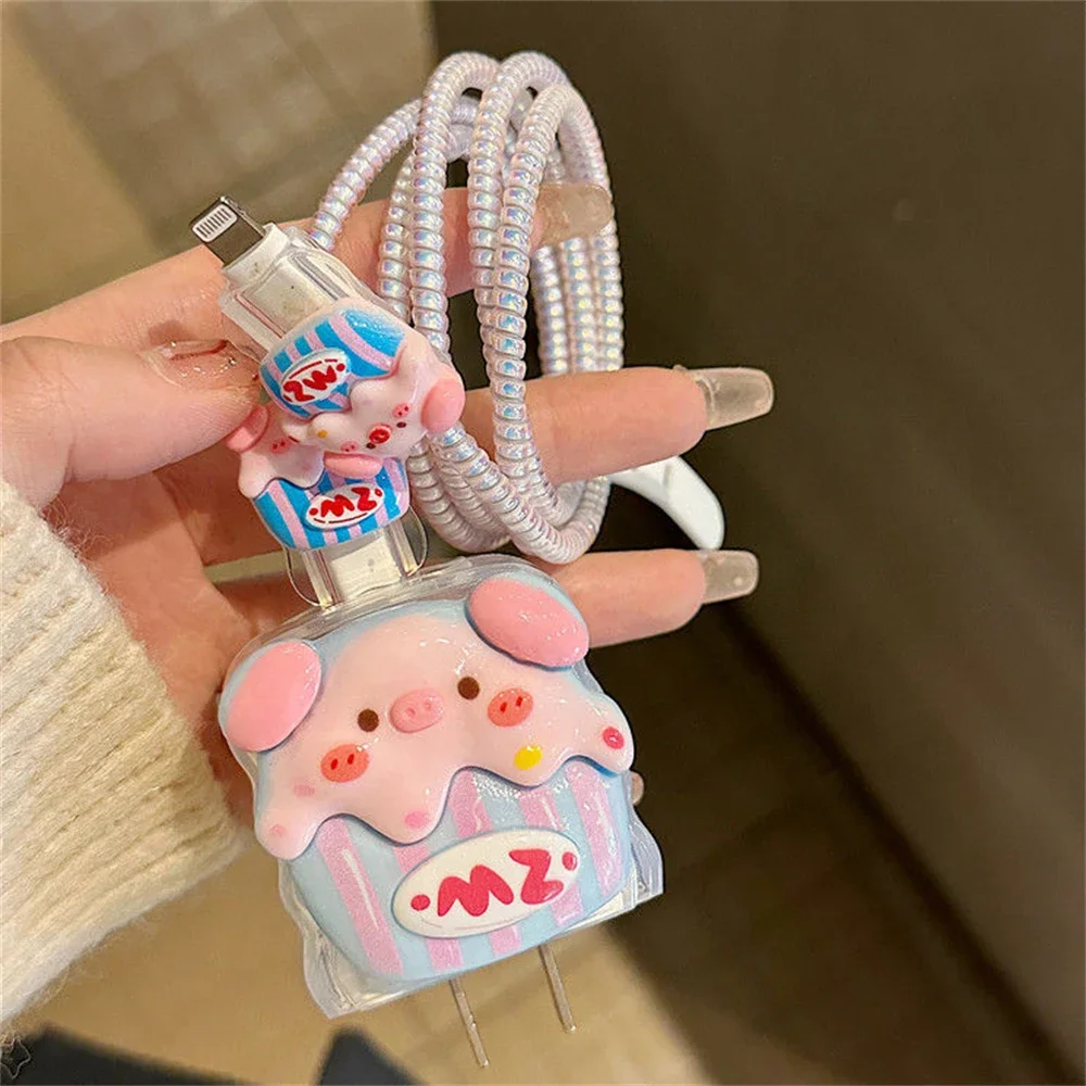 Cartoon 3D Hat Cake Pig Blue Wave Border Clear USB Protector Cover for IPhone 18W/20W Data Line Head Cord Fast Charging Case