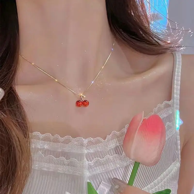 2 Pcs Red Cherry Pendant Necklace Stud Earrings Women's Sweet Fruit Necklace Earrings Jewery Set Party Dating Gifts K
