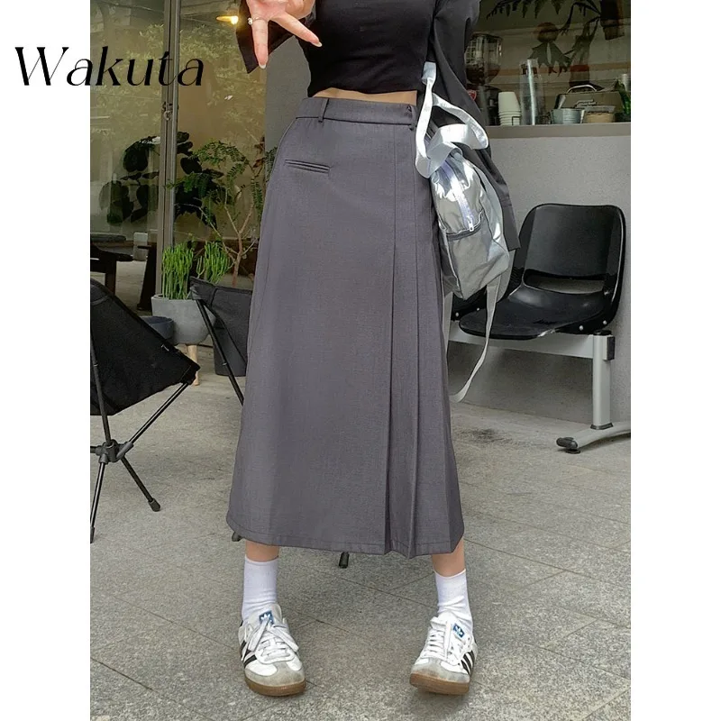 WAKUTA Ladies Blazer Skirts Pleated High Waist Solid Color Long Skirt Korean 2024 New Autumn Vintage A-line Females Faldas Mujer