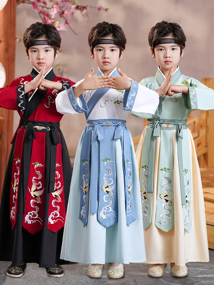 

Детский костюм Ханьфу для мальчиков, летний комплект для выступлений и декламации древней поэзии, традиционная китайская одежда для изучения национальной культуры