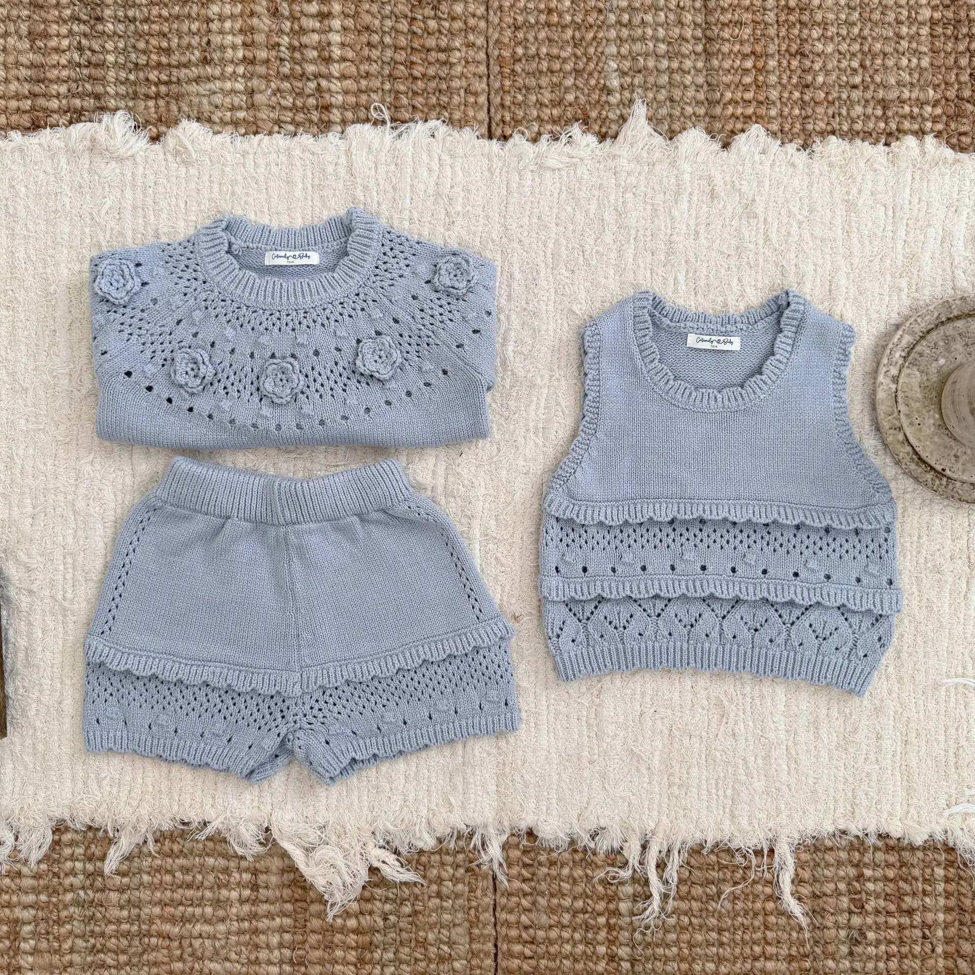 Toddler Girl Clothes AW Ins Baby Girl Hand Crocheted Knitted Sweater Girl Shorts Vest Vest 3 Piece Set