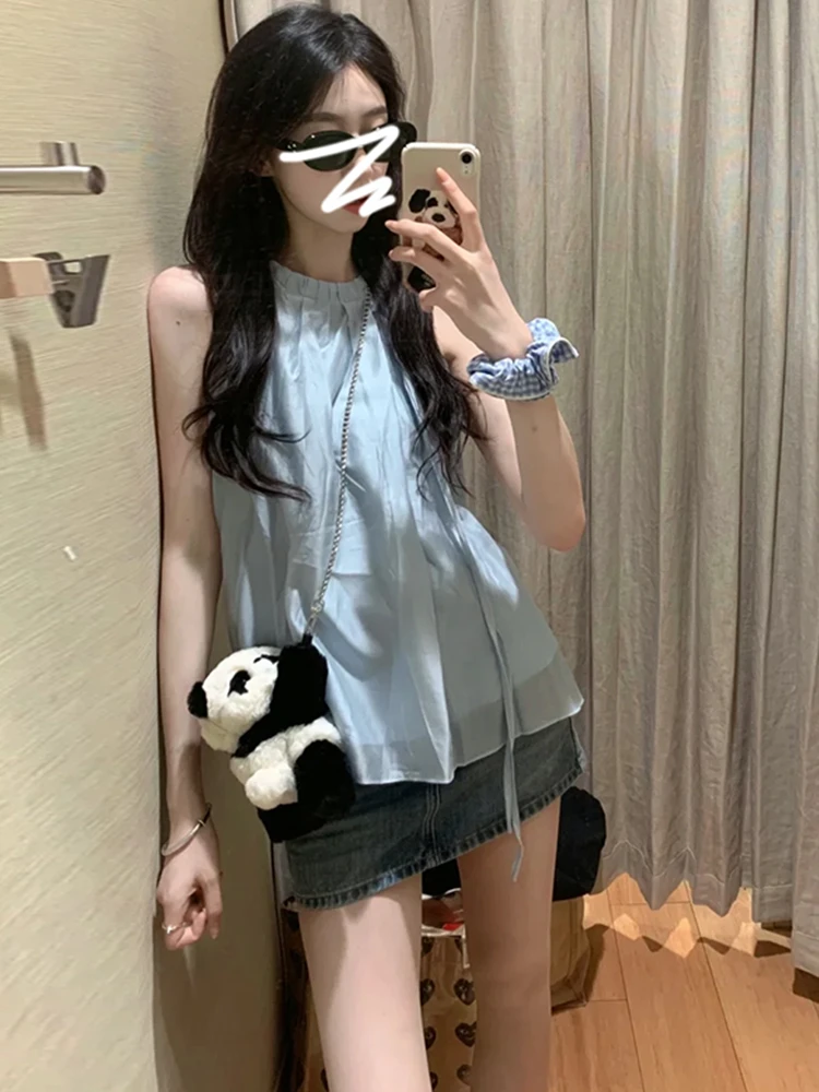 

New 2026 Blue Hanging Ne Svel irt Women's Summer Ele Beautiful oulder Bared Chiffon irt Sweet Sle Japanes...