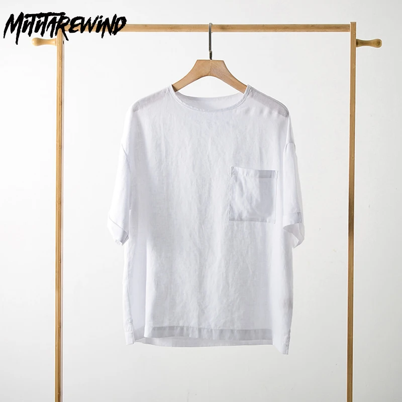 Summer Pure Linen T Shirt for Men Beach Breathable Mens Tops Daily Causal Short Sleeve Round-neck Pocket Tshirt Loose White Tees