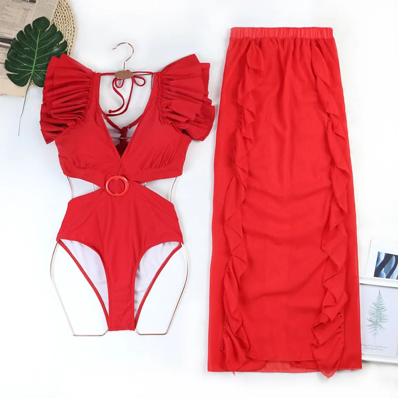 CPUTAN 2024 Red Ruffle Bikini Set With Cover Up Luxury Swimsuit Women Push Up Swimwear High Waist Monokini Brazylijski kostium kąpielowy