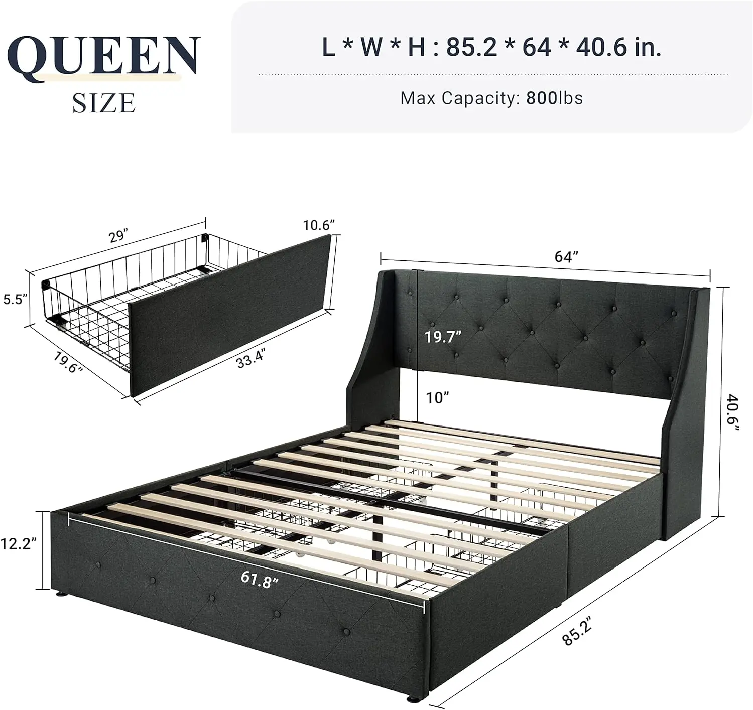 Cadre de lit Queen avec 4 égouts de proximité de stockage et planche de sauna à oreilles, conception touffetée à boutons, pas besoin de ressort de boîte, gris foncé