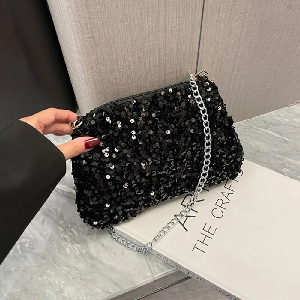 Sequins Crossbody Chain Bag Simple INS Solid Color Sequins Shoulder Bag Underarm Bag Phone Purse Evening Clutch Girl Bag