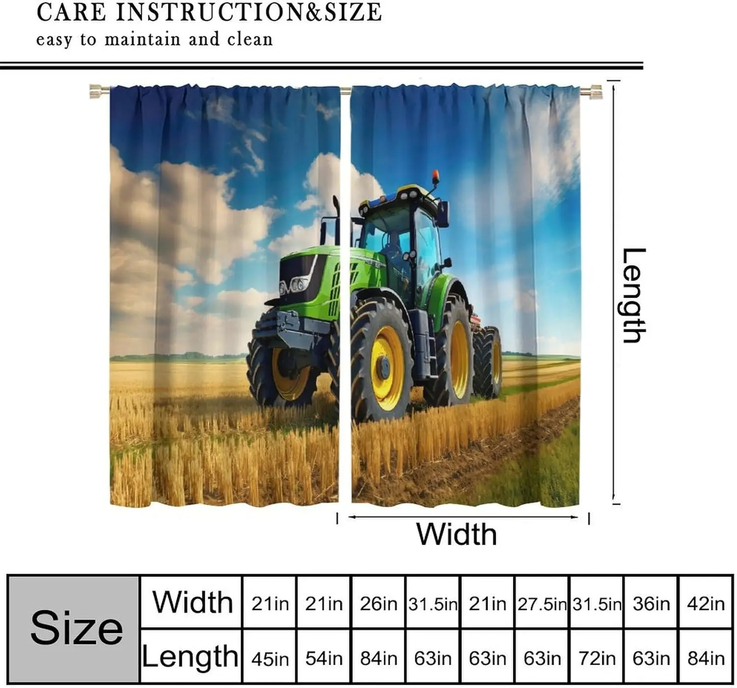 Farm Tractor Truck Curtains, Country Farm Field Green Machinery Tractor Harvester Jobs Windows Treatments Drapes for Kids Boys
