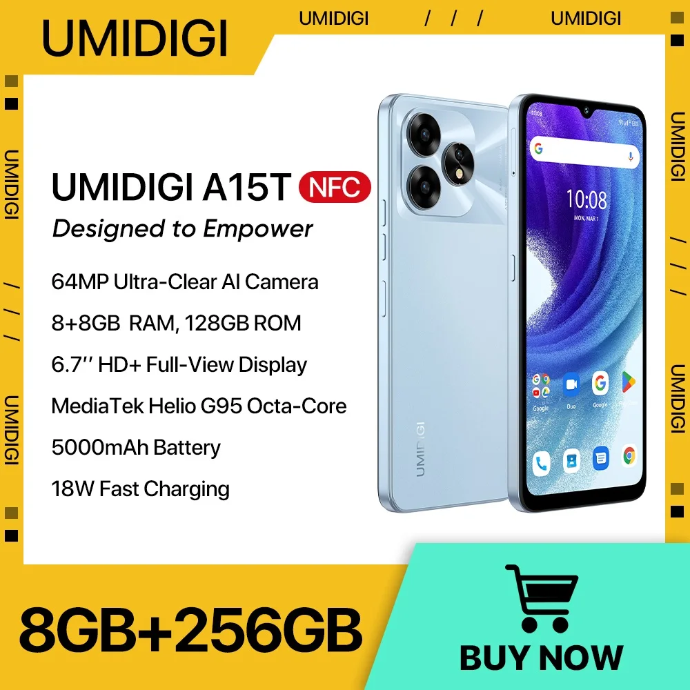 UMIDIGI A15T الهاتف الذكي أندرويد 13 MTK Helio G95 ثماني النواة NFC 8 + 8GB 128GB 64MP 6.7 ''HD + 5000mAh بطارية 18W Hotkey 4G ثنائي الشريحة