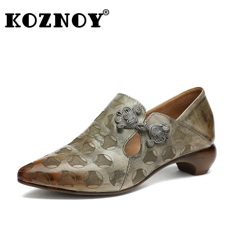 

Koznoy Women Genuine Cowhide Leather Ankle Boots 4cm Cow Handmade Embossed Ethnic Knot Summer Shoes Designer Chunky Heels Luxury