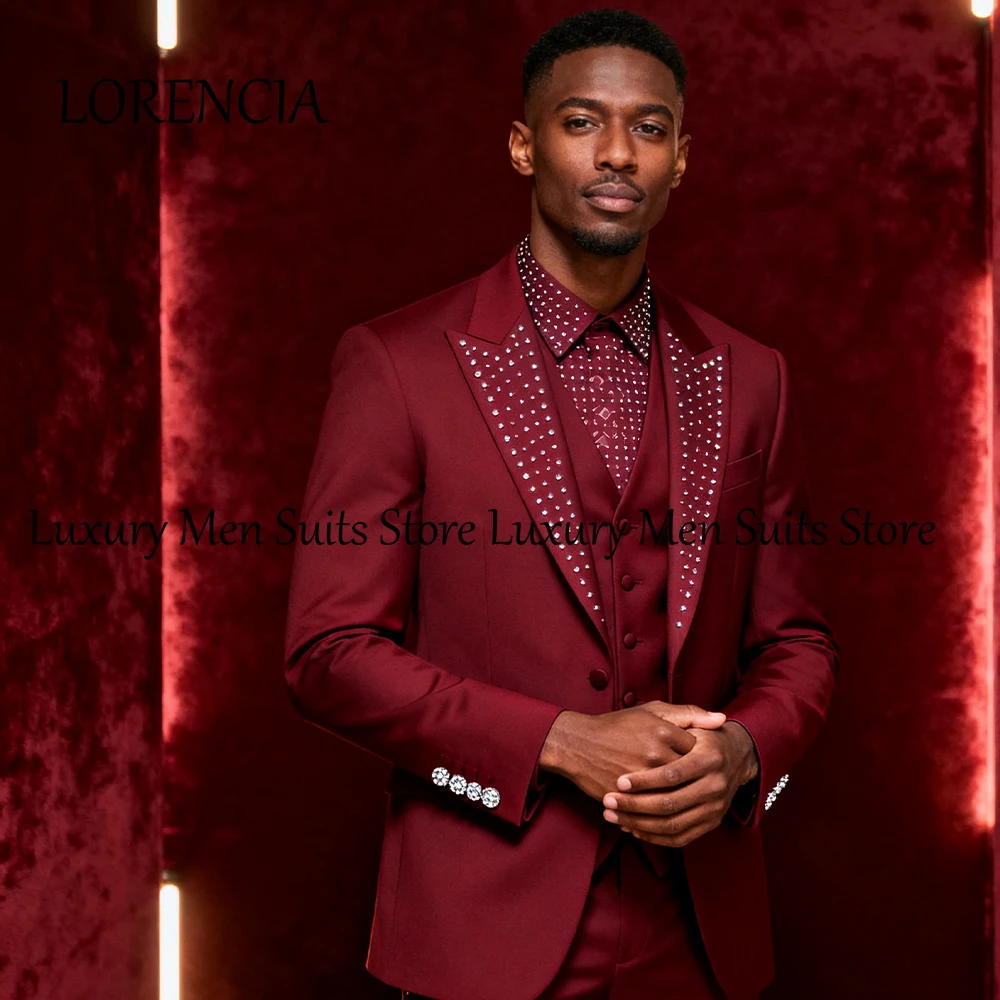 Simple Crystal Men Suits 3 Pcs Groom Wedding Tuxedos Peak Lapel Male Party Outfits Customized Blazer Pants Vest zomerset heren