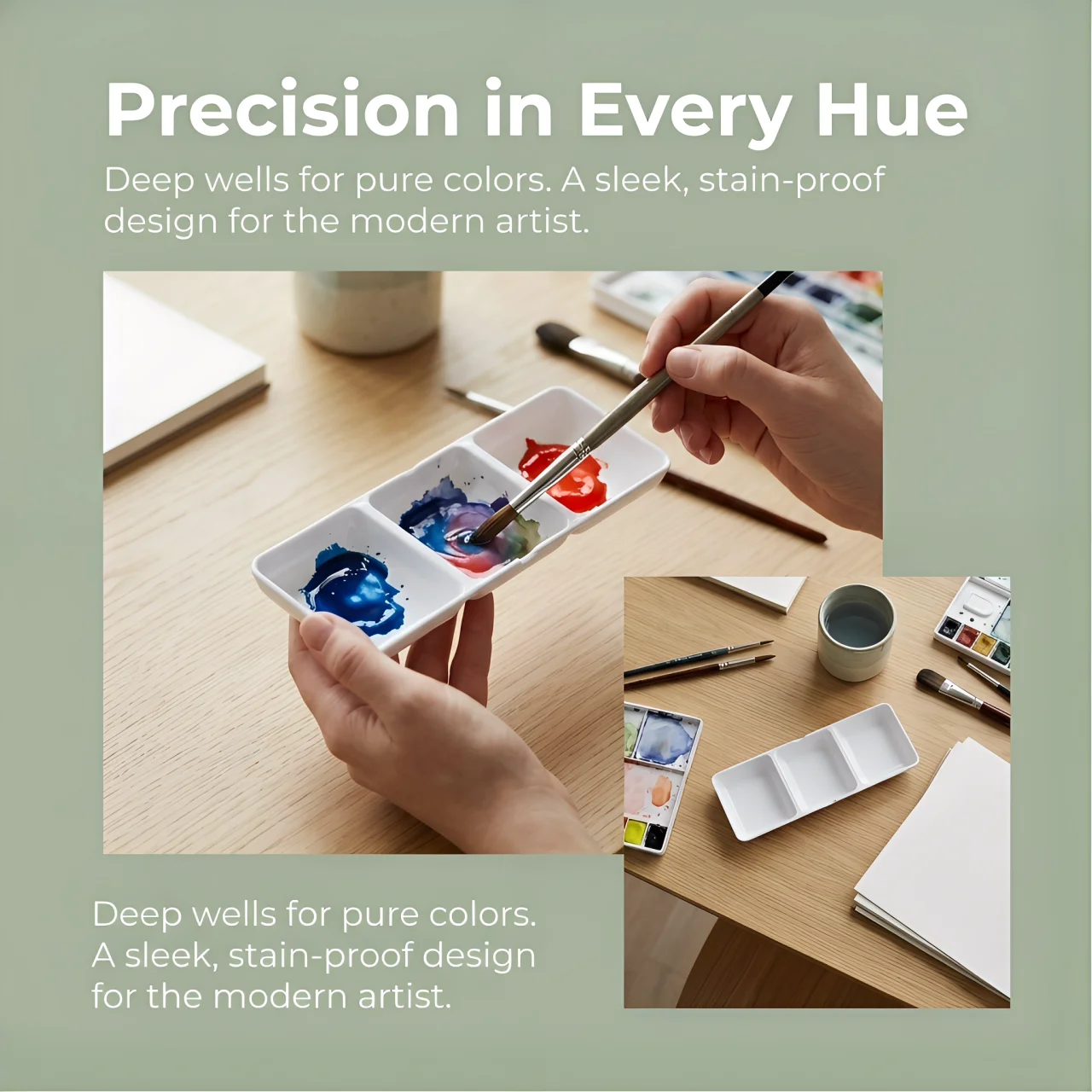 Professional 3-Well Long Strip Plastic Paint Palette, Deep Well for Watercolor Gouache, Space-Saving Mixing Tray for Artists