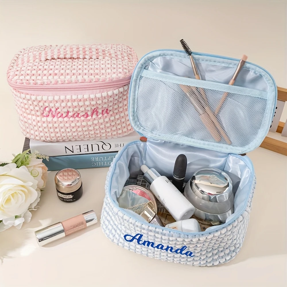 Custom Name Embroidery Soft Fabric Makeup Bag Personalized Travel Cosmetic Toiletry Organizer with Mesh Pocket for Makeup Brushe