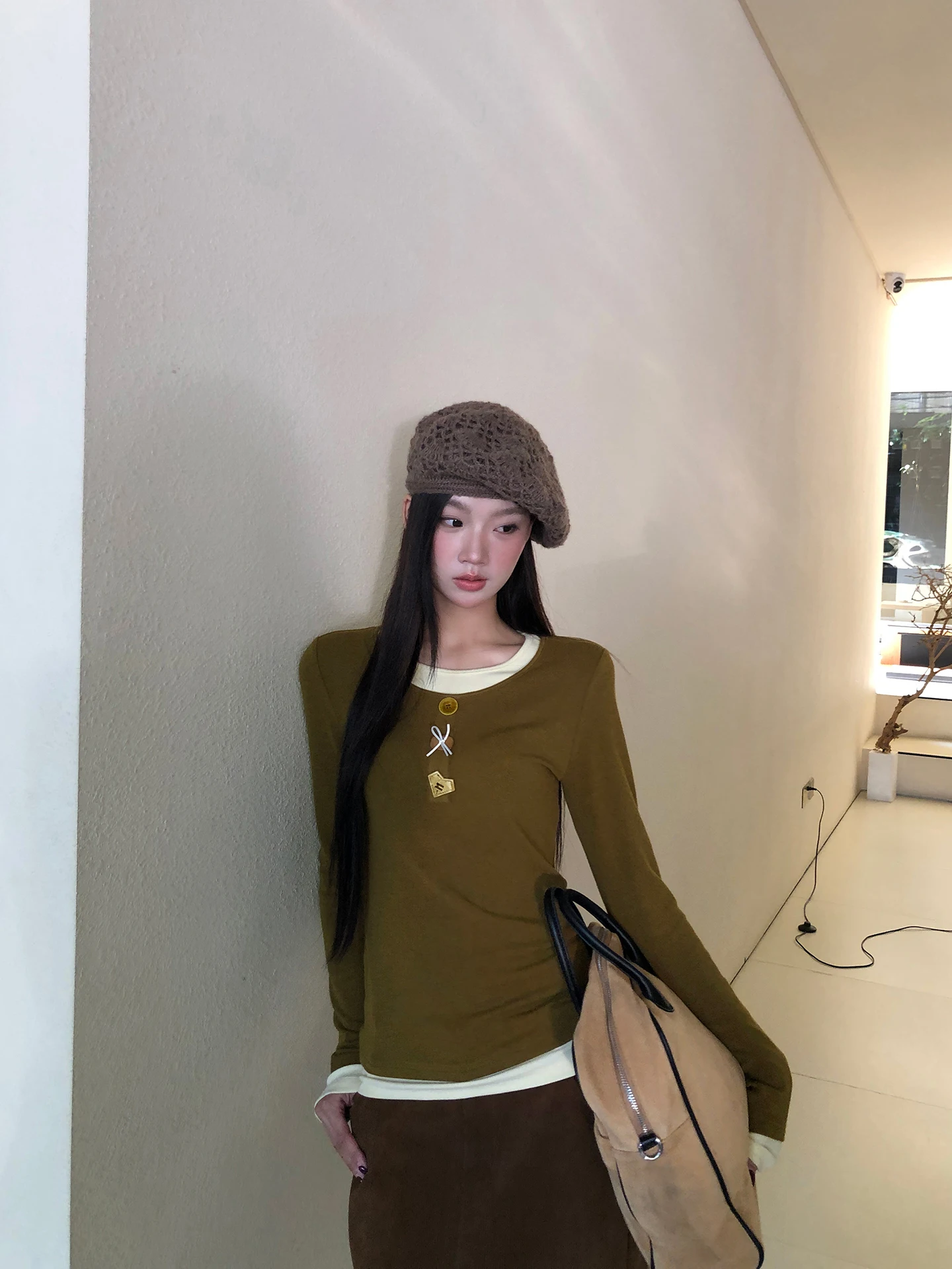 قميص نسائي طويل الأكمام من ريد سيليبريتي كلوب، ملابس داخلية بتصميم قطعتين وهمي، قميص عصري بأسلوب عملي مصنوع من مزيج القطن #4