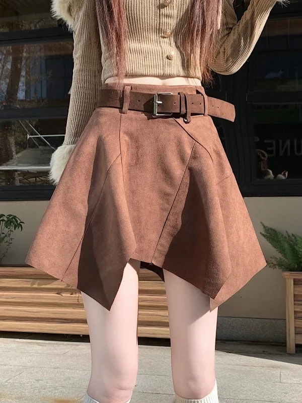 Retro Suede  Skirt High Waist Slim A-Line Asymmetrical Short Skirt for Women Comfortable Soft Polyester Fiber High Waist