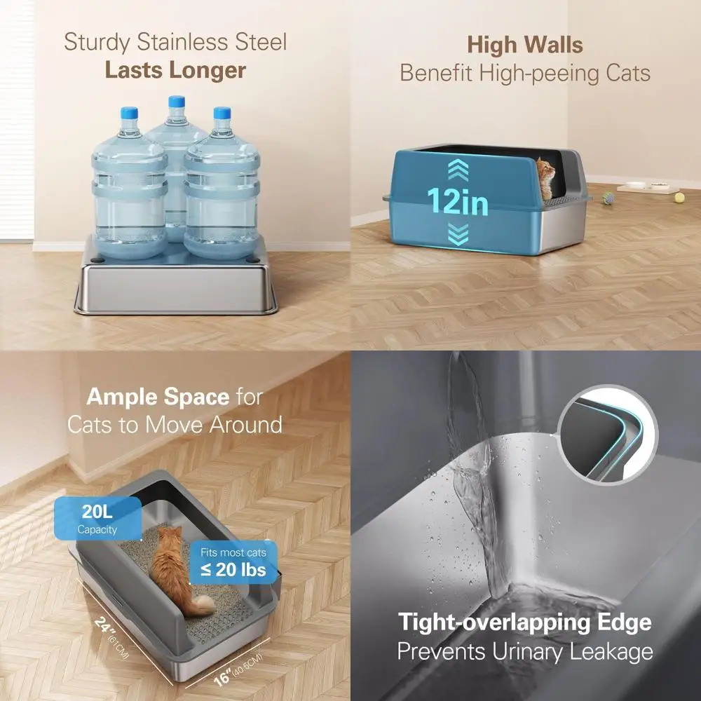 

Очень большой лоток из нержавеющей стали с крышкой, высокосторонний, светло-серый, нелипкий, легко чистится, защита от утечек для больших кошек